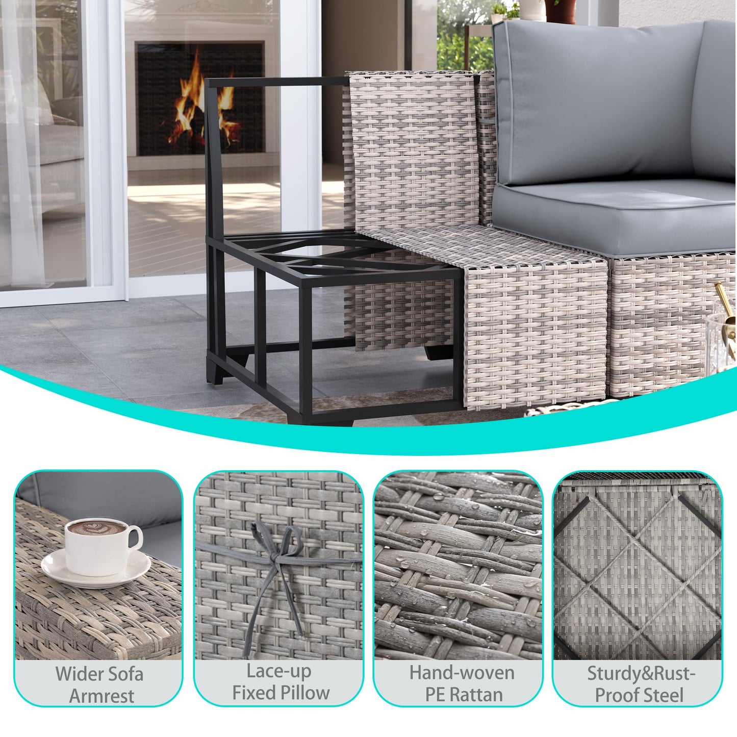 6-Piece Outdoor Patio Furniture Set Wicker Sectional Sofa Set, Patio Conversation Set with Thickened Cushions & Coffee Table for Garden, Backyard, Poolside, Beige