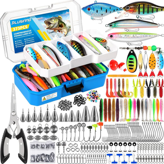 PLUSINNO Fishing Tackle Box with Tackle Included, 373PCS Fishing Lures Kit with Removable Tray, Fishing Gear with Pliers, Weights, Hooks, Accessories, Fishing Tackle Lure Kit Gifts for Men Bass Trout