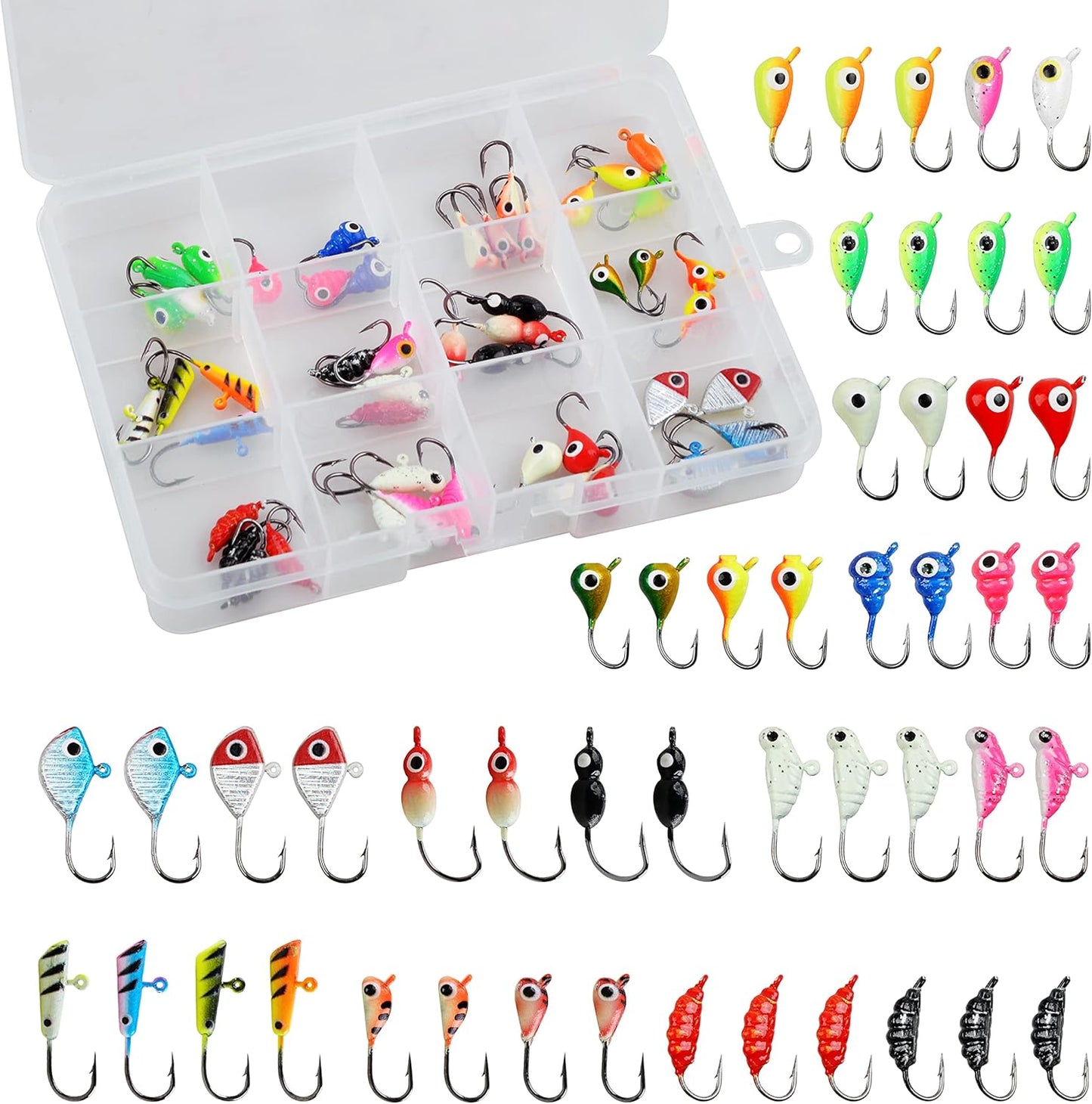 Ice Fishing Jigs Lures kit,48pcs Luminous Ice Fishing Gear Crappie Panfish Jigs Head Fishing Hooks Set for Winter Ice Jigging Walleye Perch Bluegill