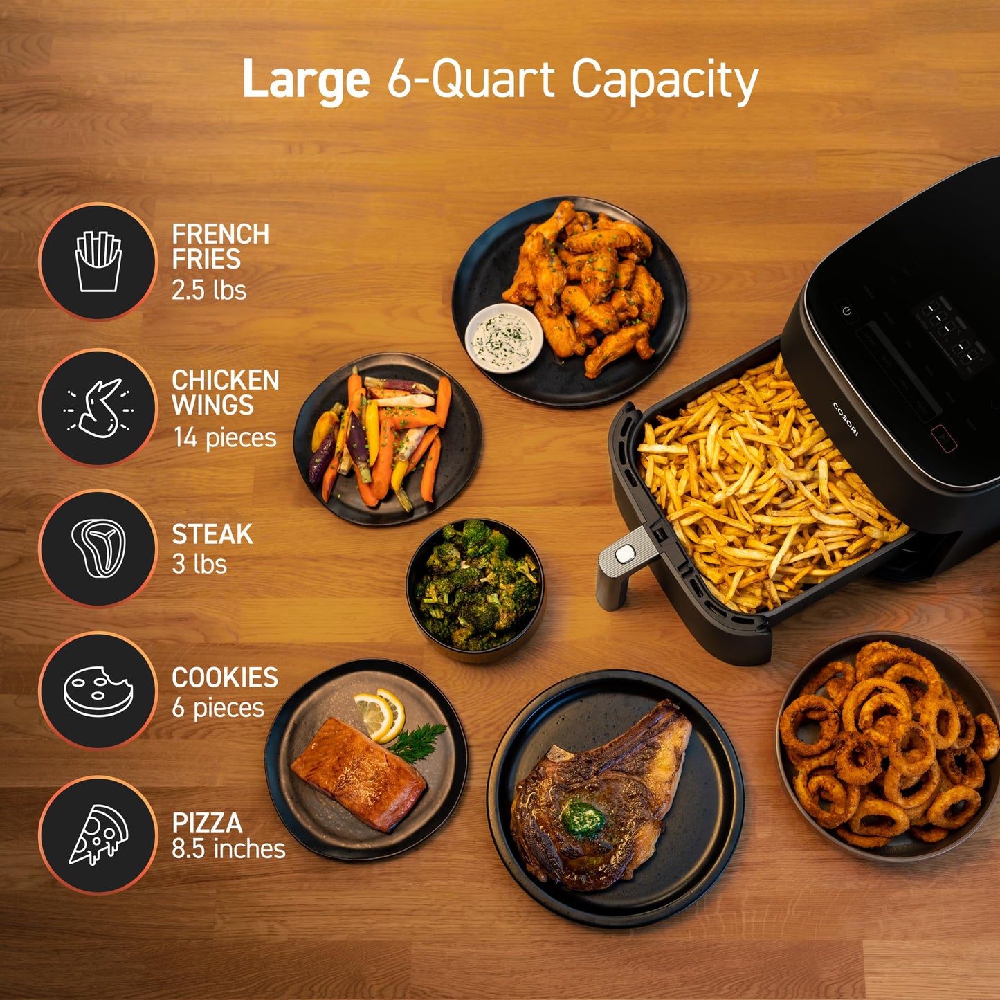 COSORI Air Fryer 9-in-1, Compact & Large 6-Qt, Fast Turbo Modes, 90–450°F Precise Heat for Even Results, Up to 95% Less Oil*, Roast, Bake, Dry, Reheat, Frozen, Broil, Proof, 120V, TurboBlaze, Grey