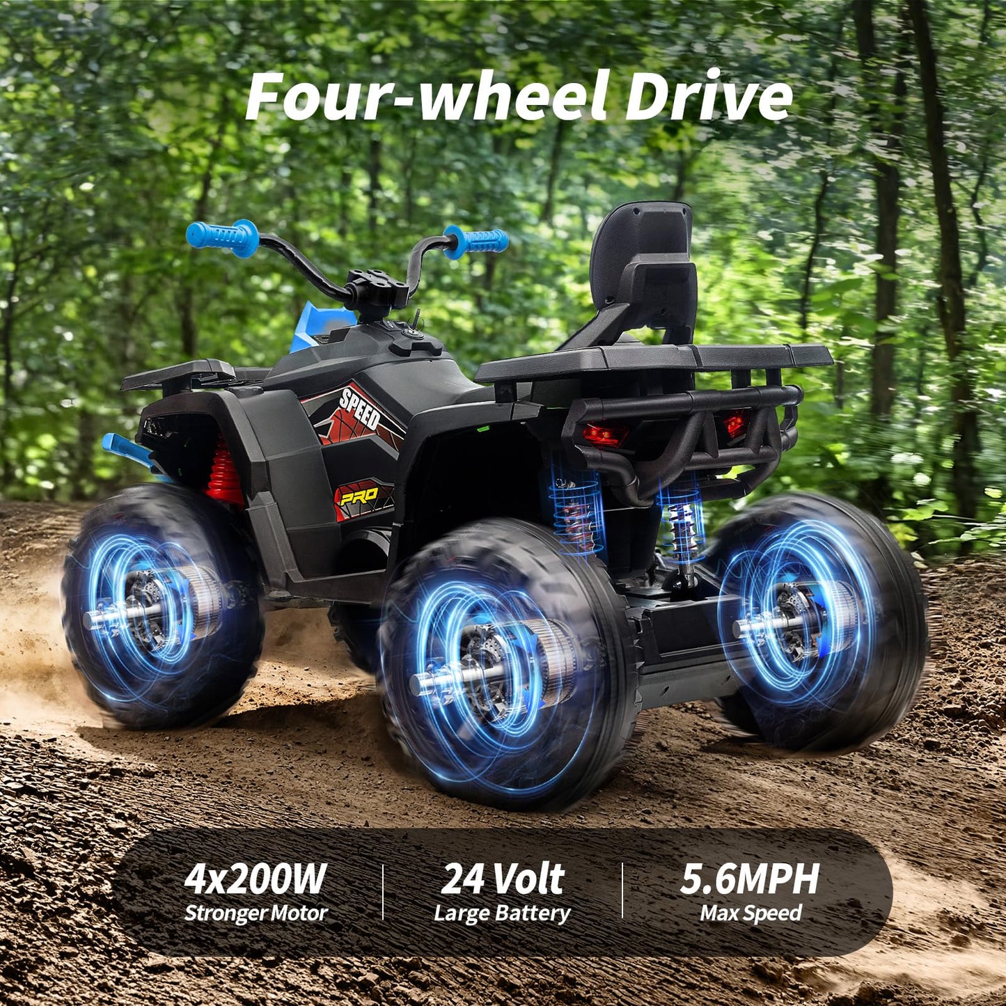 Hikiddo Kids ATV 4 Wheeler, 24V 4WD Electric ATV Ride On Toy for Big Kid w/ 2-Seater, 4x200W Motor, 5.6Mph Max Speed - Blue