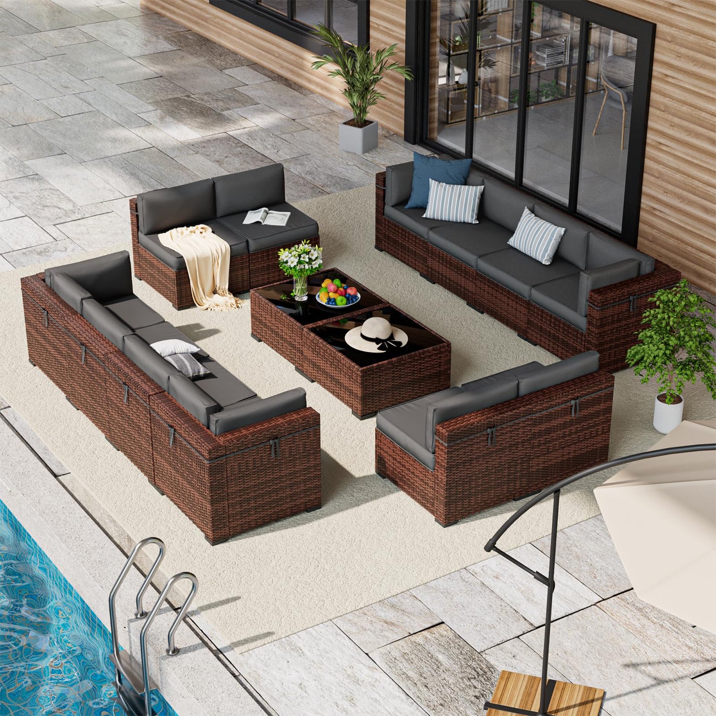Amopatio Patio Furniture Sets, 7 Pieces Outdoor Rattan Sectional Sofa Set with Glass Table and Cushions, Wicker Patio Conversation Set for Outdoor Indoor Backyard Lawn Garden Porch (Grey)