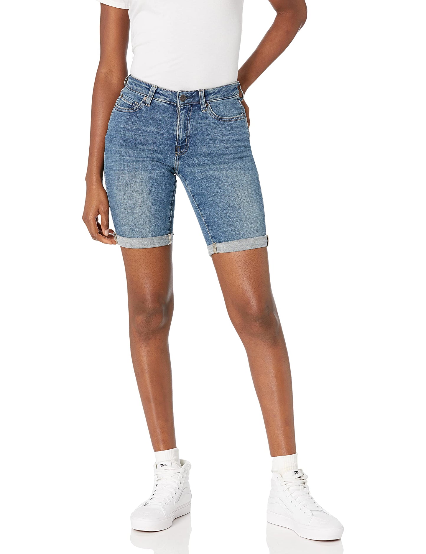 Amazon Essentials Women's Mid-Rise Stretchy Slim Fit Denim Bermuda Shorts with Pockets
