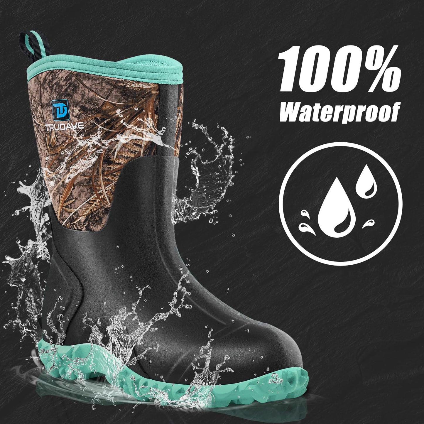 Rubber Boots for Women with Steel Shank, 6mm Neoprene Mid Calf Rain Boots, Waterproof Insulated Mud Work Boots All Season, Size 5-11