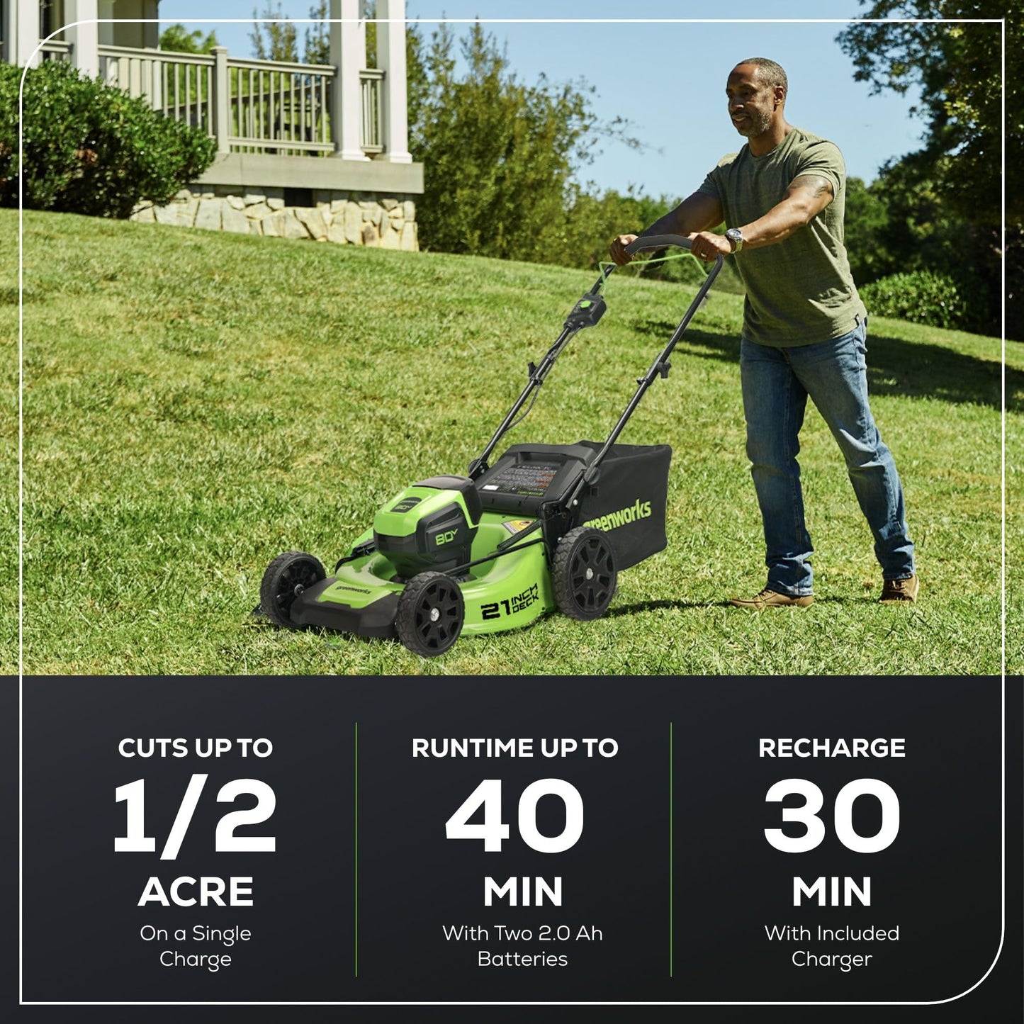 Greenworks 80V 21" Brushless Cordless (Push) Lawn Mower (75+ Compatible Tools), (2) 2.0Ah Batteries and 30 Minute Rapid Charger Included