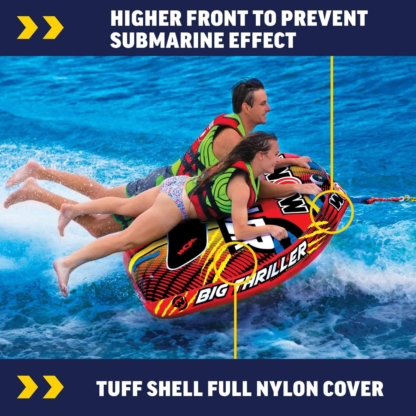 WOW Sports – Big Thriller Towable Deck Tube for Boating – 1-2 Person 340 lbs Capacity – Inflatable Boat Tube for Water Sports – Youth & Adults