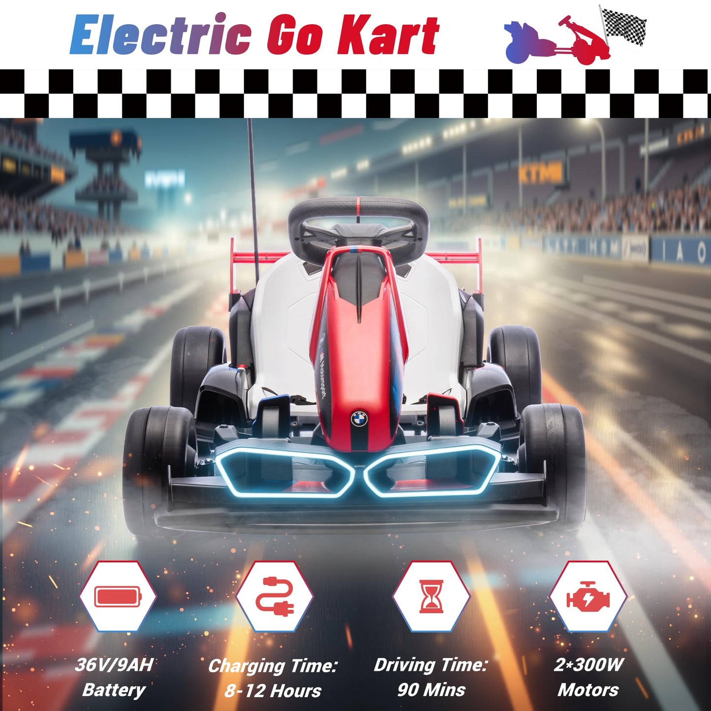 Wanan 36V Electric Go Kart with Adjustable Seat, Licensed BMW Drift Kart with Dual 2 x 300W Motors, Crazy Go Cart for Kids Ages 6-12, Cool LED Lights, Drift Mode and 2 Speeds (Red)