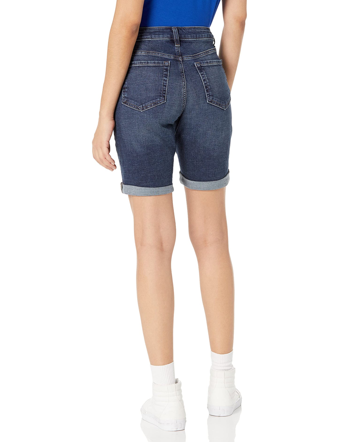 Amazon Essentials Women's Mid-Rise Stretchy Slim Fit Denim Bermuda Shorts with Pockets