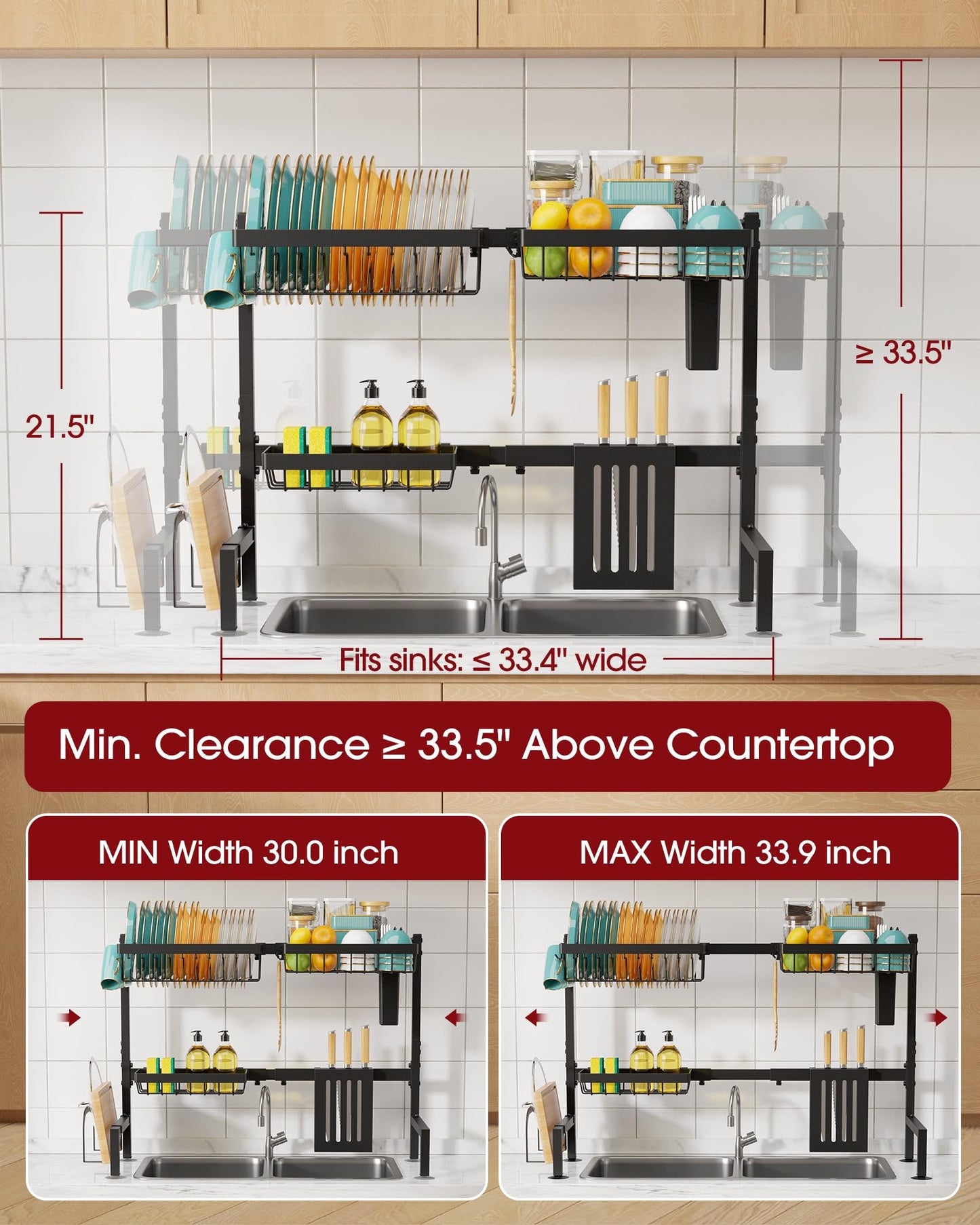 Sakugi Over The Sink Dish Drying Rack - Adjustable 2 Tier Large Capacity Stainless Steel Drainer with Cutlery & Utensil Holders, Kitchen Storage & Organization, 30"-33.9" L x 11" W x 21.5" H, Black