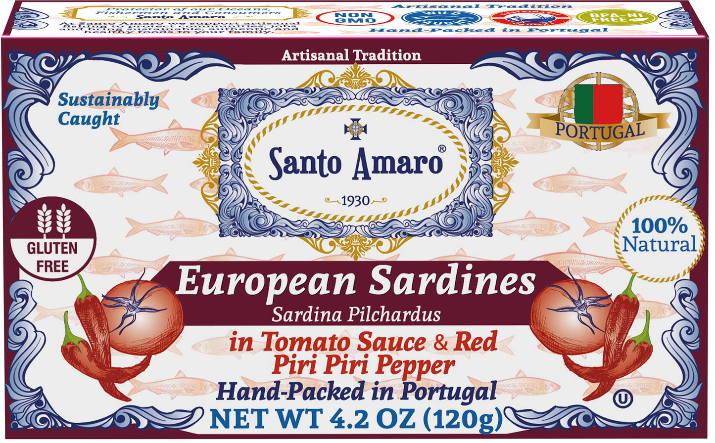 Santo Amaro - 6 Flavor Variety Pack Sampler European Wild Sardines - Virgin Olive Oil - Tomato Sauce from Puree - Virgin Olive Oil & Spicy Red Piri Piri Pepper - Spring Water - Virgin Olive Oil & Lisbon Lemon - Tomato Puree with Spicy Red Piri Piri Pepper