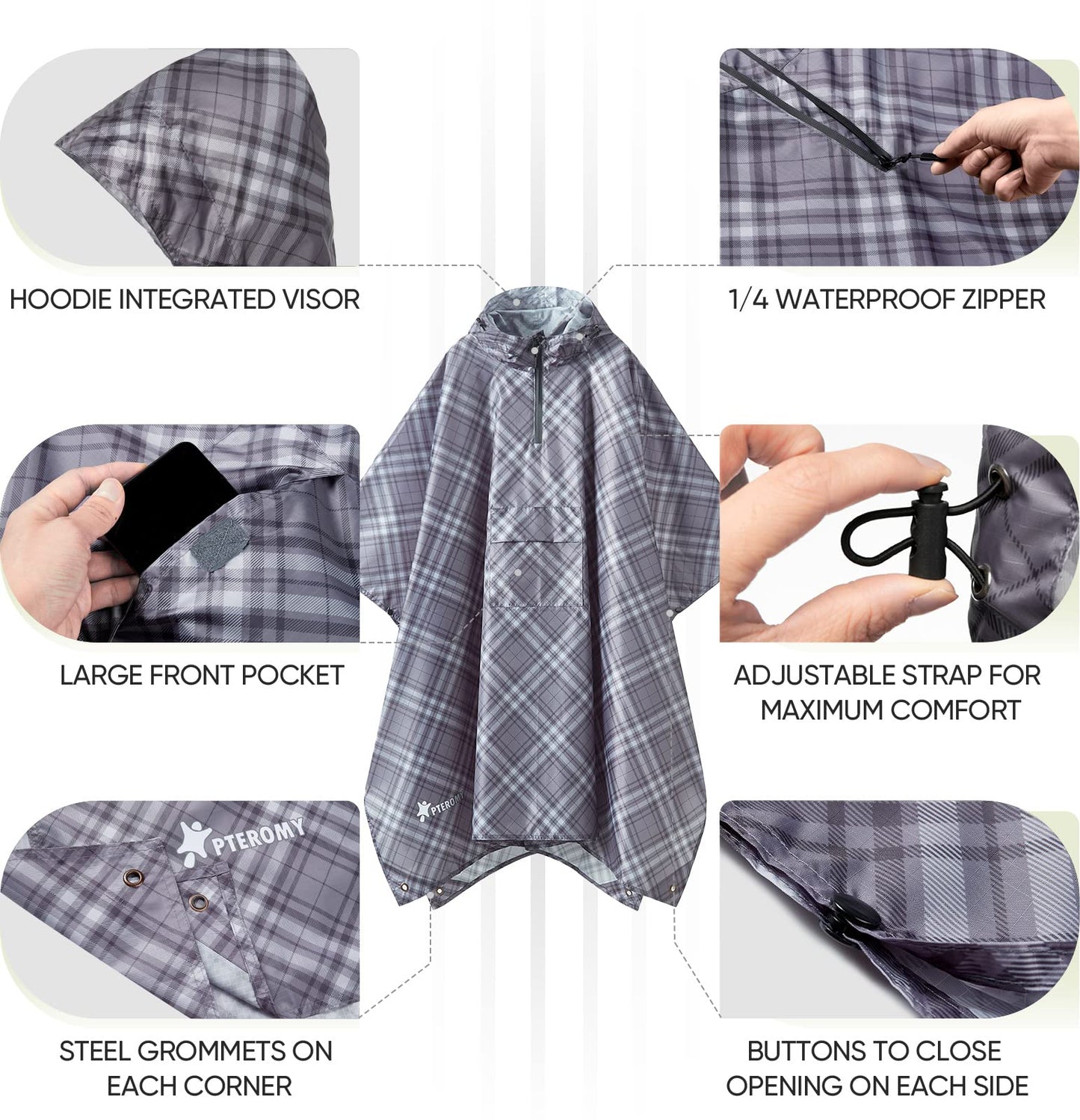 PTEROMY Hooded Rain Poncho for Adult with Pocket, Waterproof Lightweight Unisex Raincoat for Hiking Camping Emergency