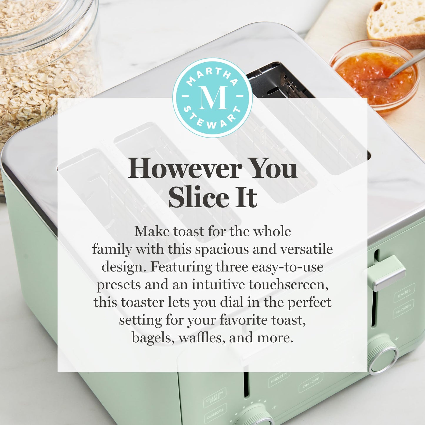 Martha Stewart 4 Slice Toaster, 10 Shade Settings with Defrost, Cancel, Bagel & Gluten-Free, Extra-Wide Self-Centering Slots for Waffles, Artisan Bread, Removable Crumb Tray, Cord Wrap,1800W, Honeydew