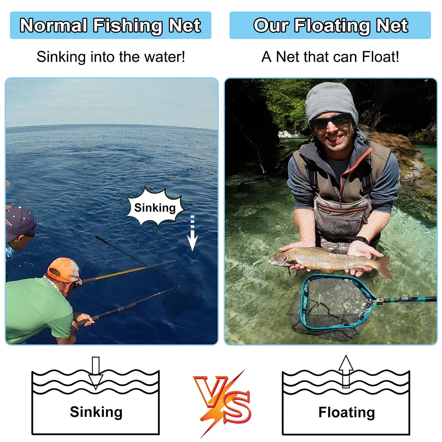 PLUSINNO Floating Fishing Net for Steelhead, Salmon, Fly, Kayak, Catfish, Bass, Trout Fishing, Rubber Coated Landing Net for Easy Catch & Release, Compact & Foldable for Easy Transportation & Storage