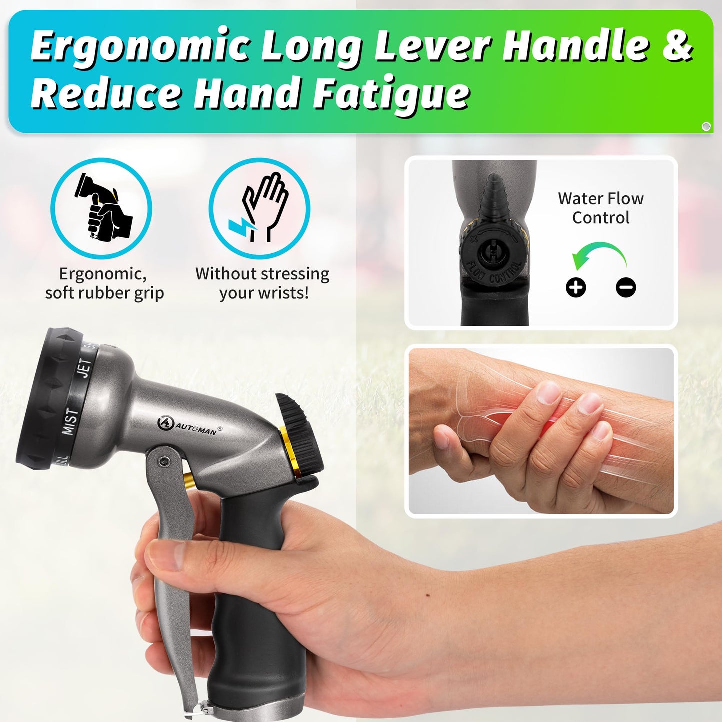 AUTOMAN-Garden-Hose-Nozzle, ABS Water Spray Nozzle with 7 Adjustable Watering Patterns, Slip Resistant for Watering Plants, Lawn& Garden, Washing Cars, Cleaning, Showering Pets & Outdoor Fun.