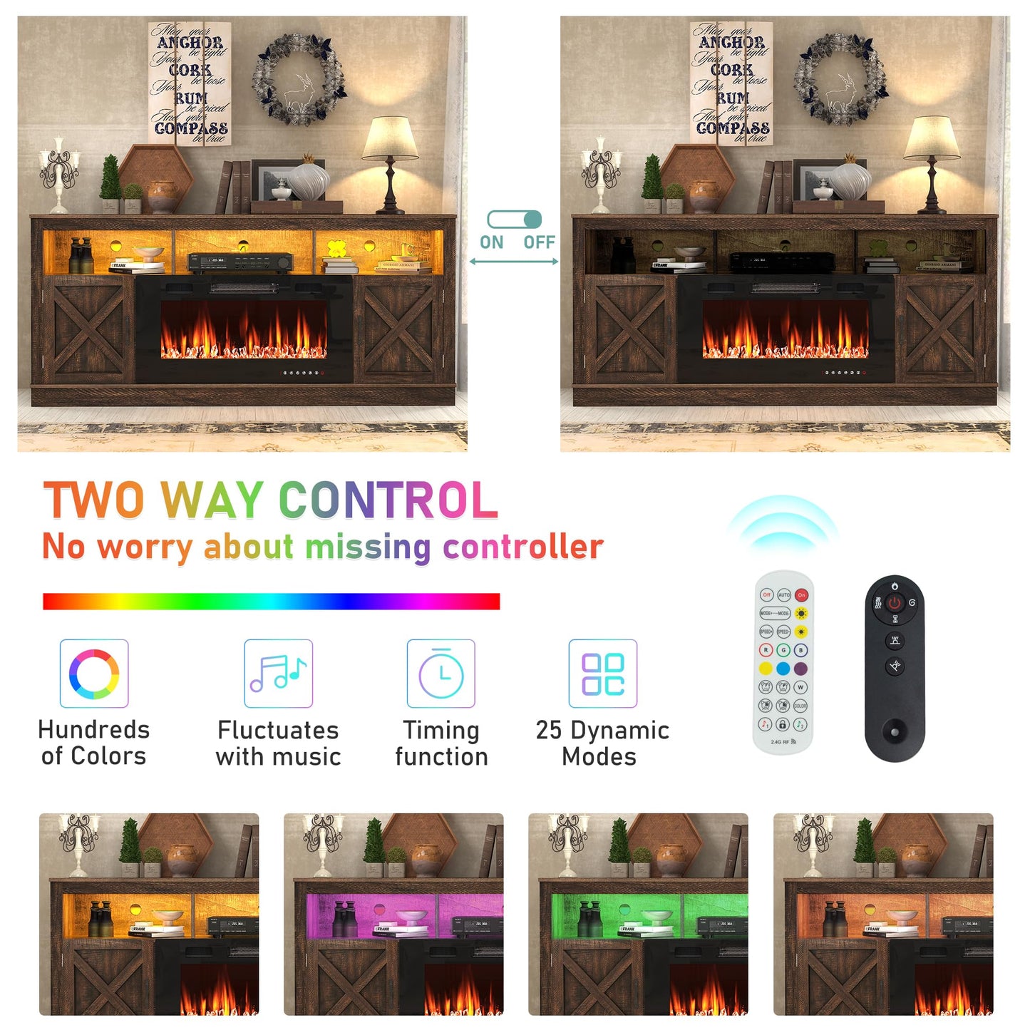 jiteentarou Farmhouse Fireplace TV Stand for 70/75/80 Inch TV, 32”Tall Entertainment Center w/ 36”Electric Fireplace and LED Light, 70”Media Console w/Barn Door Cabinet for Living Room, Brown