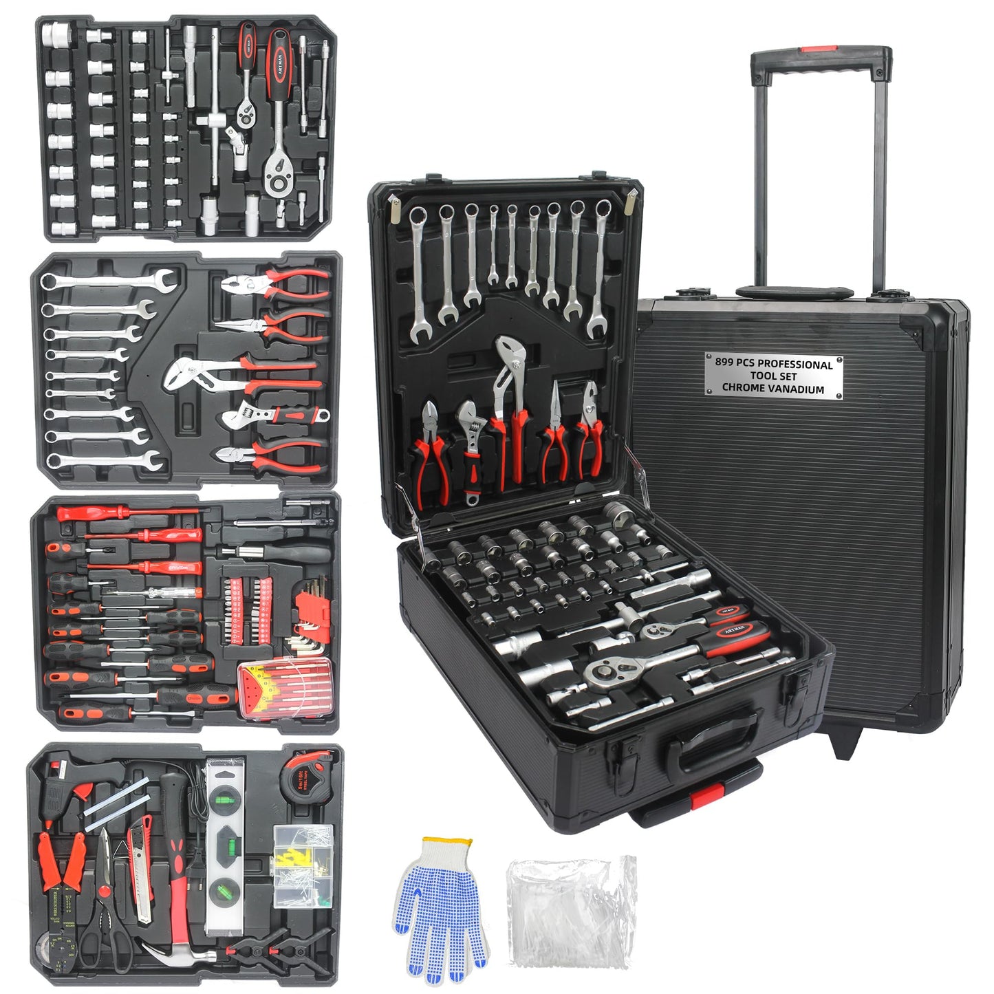 899PCS Tool Set, Household Tool Kit with Rolling Tool Box, Complete Tool Box Set Hand Tool Set with Tool Box, Mechanic Tool Set Rolling Tool Set for Home/Auto Repair Tool Set, Black