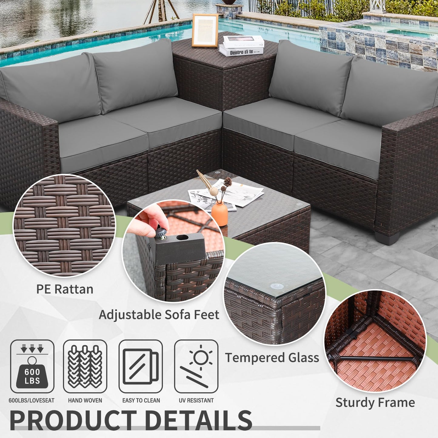 Outdoor PE Wicker Patio Furniture Set 4 Piece Black Rattan Sectional Loveseat Couch Set Conversation Sofa with Storage Box Glass Top Table and Non-Slip Grey Cushion