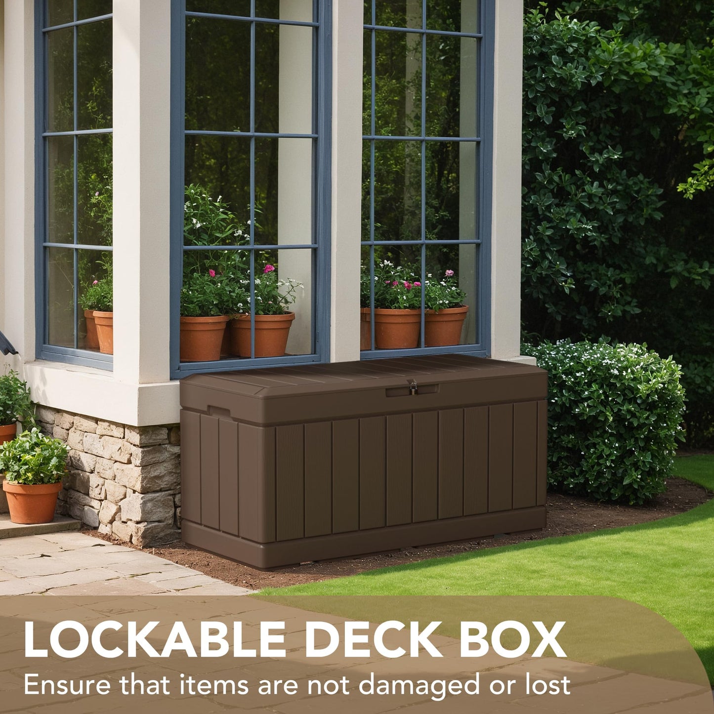 Devoko 100 Gallon Waterproof Large Resin Deck Box Indoor Outdoor Lockable Storage Container for Patio Furniture Cushions Garden Tools (100 Gallon, Black)