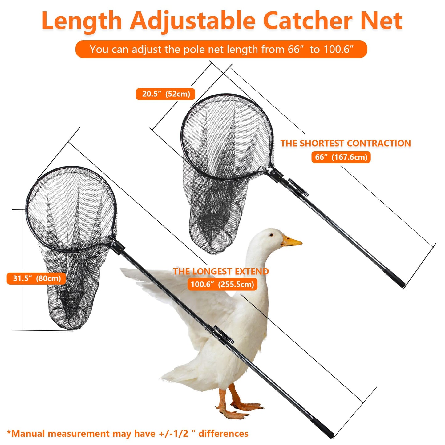 Catch Net Small Animal Control Net Poultry Catching Trap Tool for Cat, Chicken, Duck, Goose, Fish, Bird and Others (43~78" Telescoping Handle with 20.5" Net Opening)