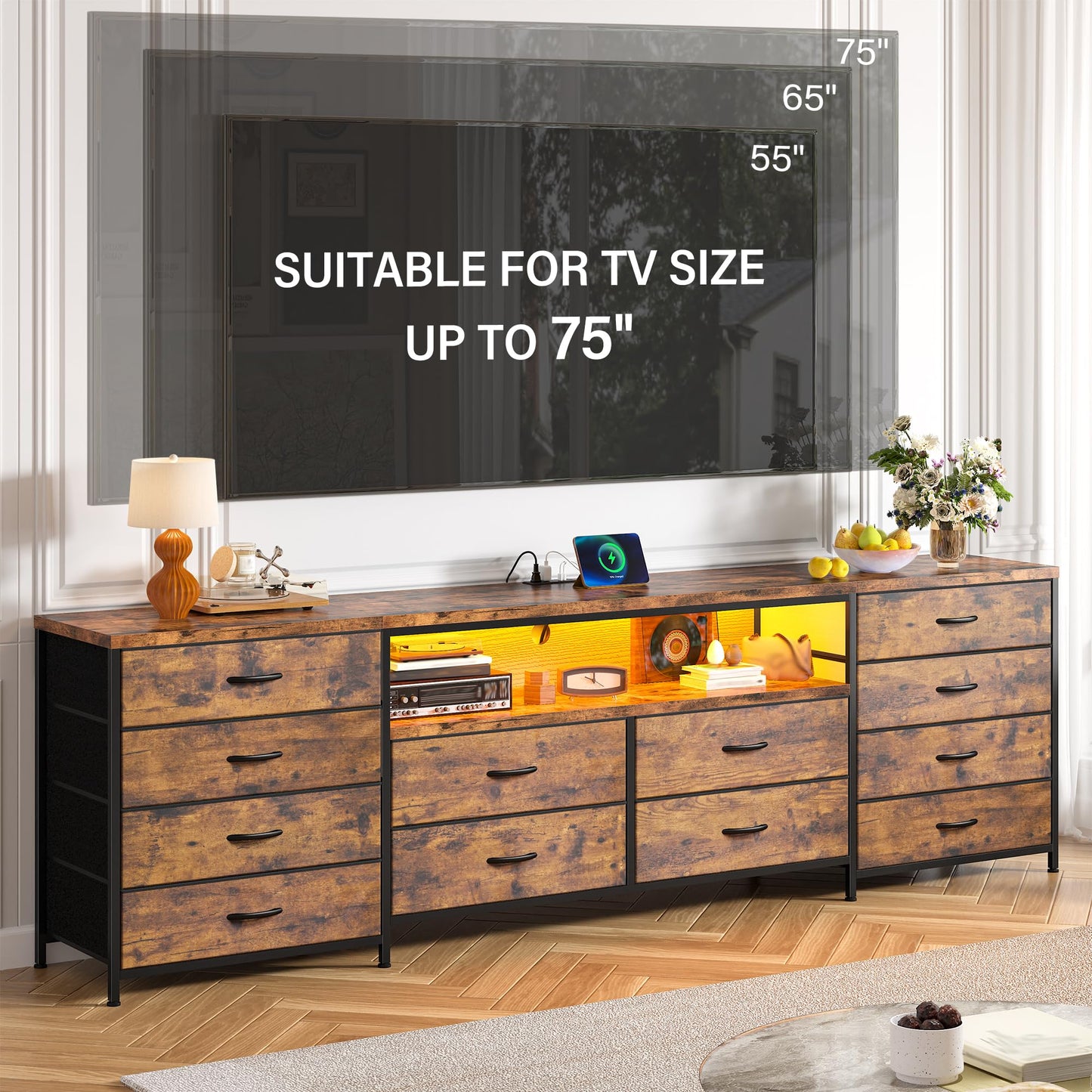 EnHomee 63" W TV Stand Fits 65/70 Inch TV, 12 Drawers Dresser with LED Lights & Power Outlets, Entertainment Center Long Fabric Dresser for Bedroom, Living Room, Hallway, Rustic Brown