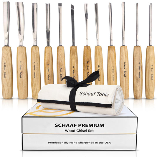 Schaaf Wood Carving Tools Set of 12 Chisels with Canvas Case | Wood Carving Chisels with Razor Sharp CR-V 60 Steel Blades