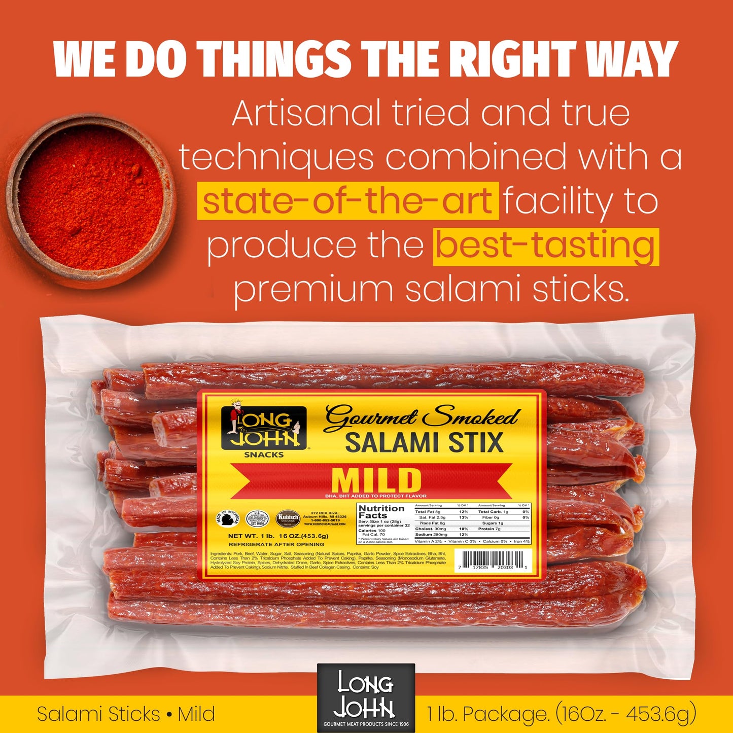 Long John Snacks Italian Style Dried Salami Stix – Premium Italian Blend Hand Crafted Pork & Beef Cuts – Gluten-Free, Bold Flavor & Low Heat – Smoked & Italian-Style Dried to Perfection - 16oz.