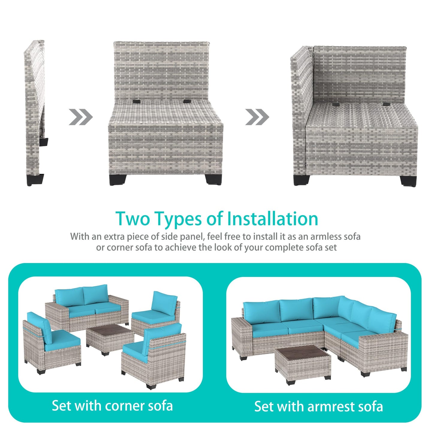 6-Piece Outdoor Patio Furniture Set Wicker Sectional Sofa Set, Patio Conversation Set with Thickened Cushions & Coffee Table for Garden, Backyard, Poolside, Beige