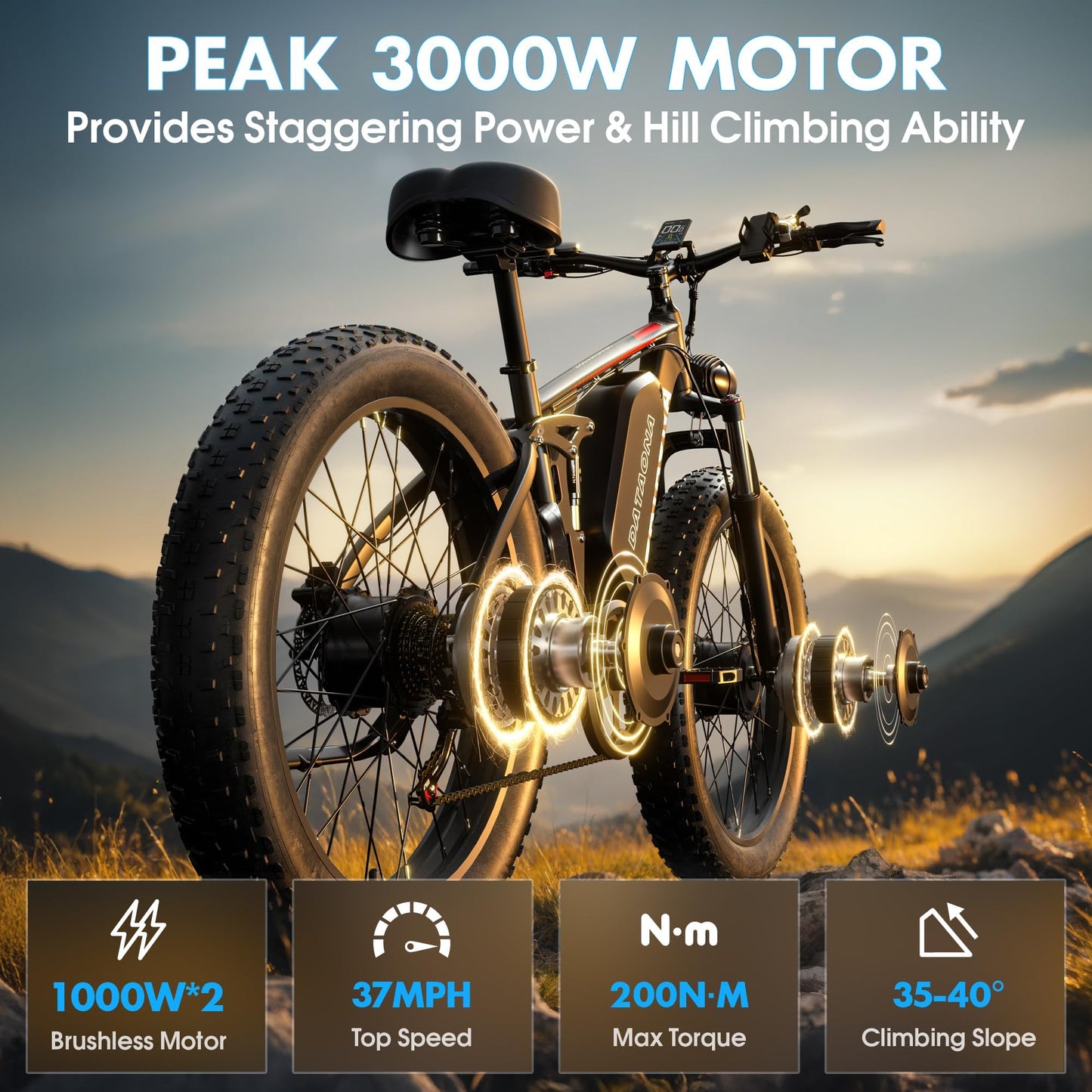 DATAONA Peak 3000W Dual Motor Electric Bike for Adults with 52V 23AH Battery, Up to 80Miles Range & 32MPH Speed Fast Ebike, 26" Fat Tire Electric Bicycle with Hydraulic Disc Brakes, UL Certified