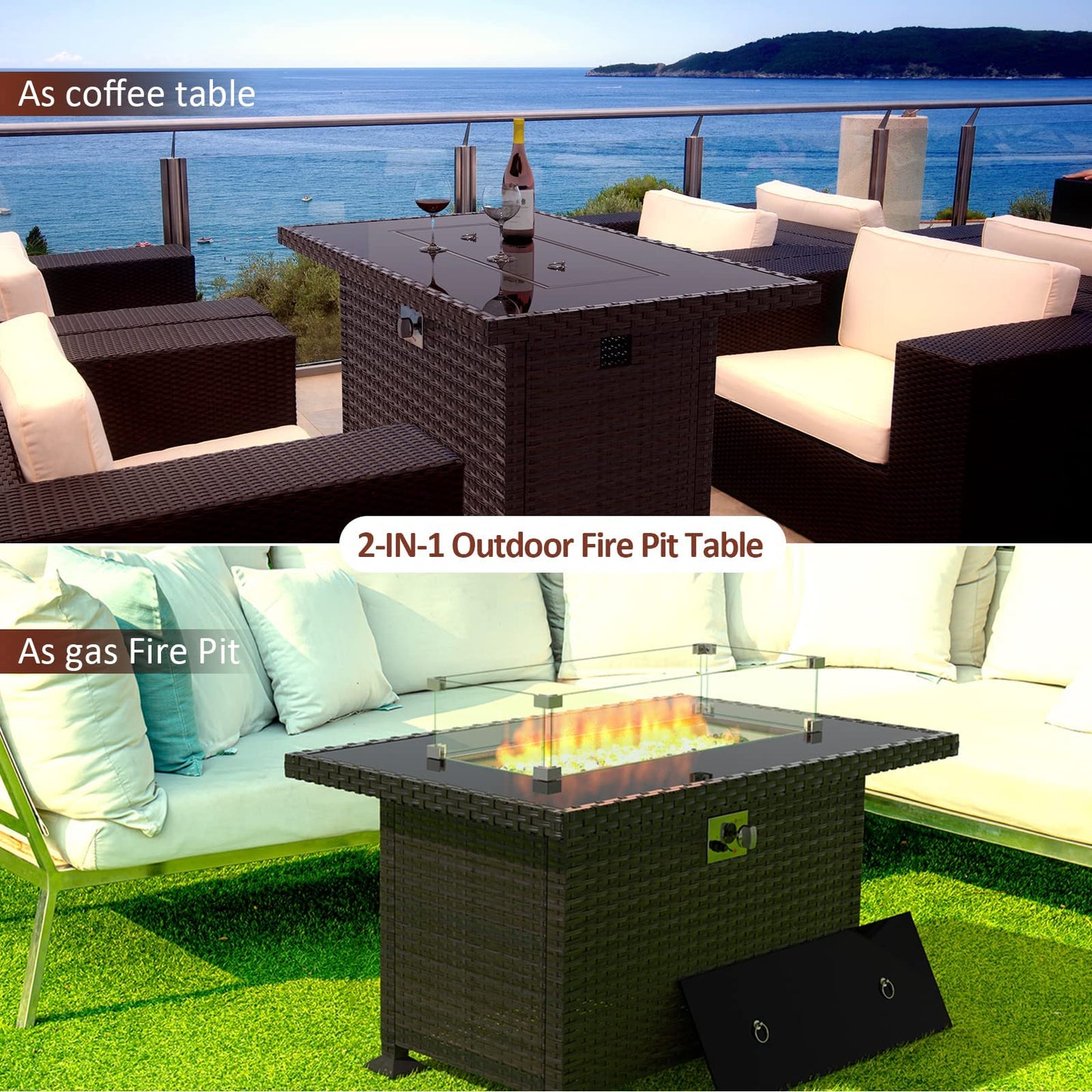 Amopatio Patio Furniture Sets, 7 Pieces Outdoor Rattan Sectional Sofa Set with Glass Table and Cushions, Wicker Patio Conversation Set for Outdoor Indoor Backyard Lawn Garden Porch (Grey)