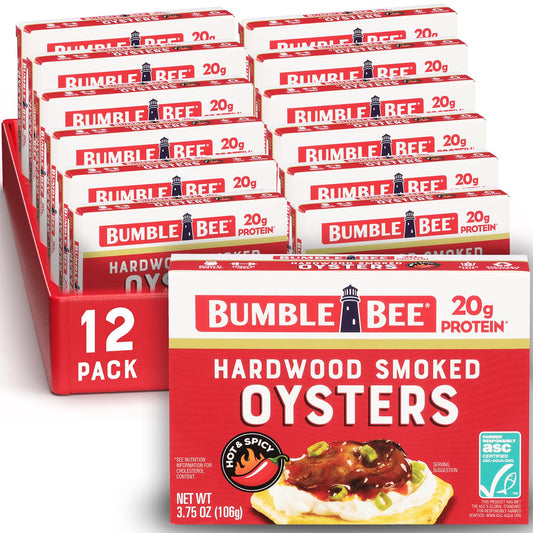 Bumble Bee Hot & Spicy Hardwood Smoked Oysters, 3.75 oz Tin (Pack of 12) - 20g Protein per Serving, Gluten Free, Keto