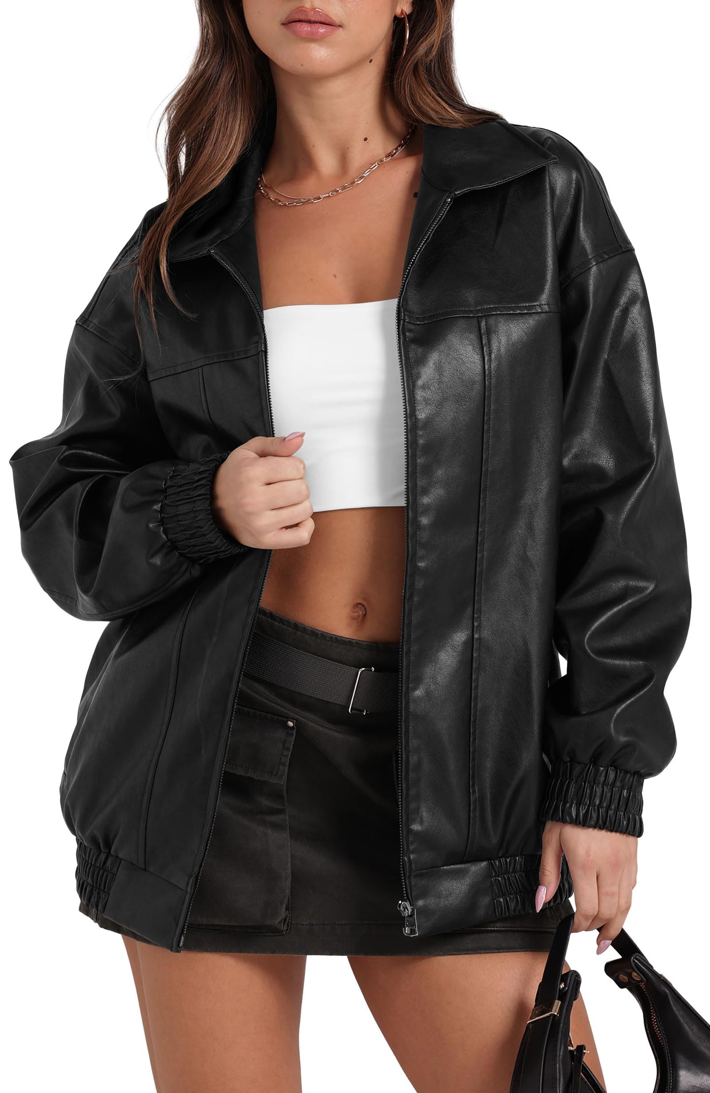 SAMPEEL Leather Jacket Women Faux Oversized Motorcycle Bomber Coats 2024 Fall Fashion Outfits Winter Clothes