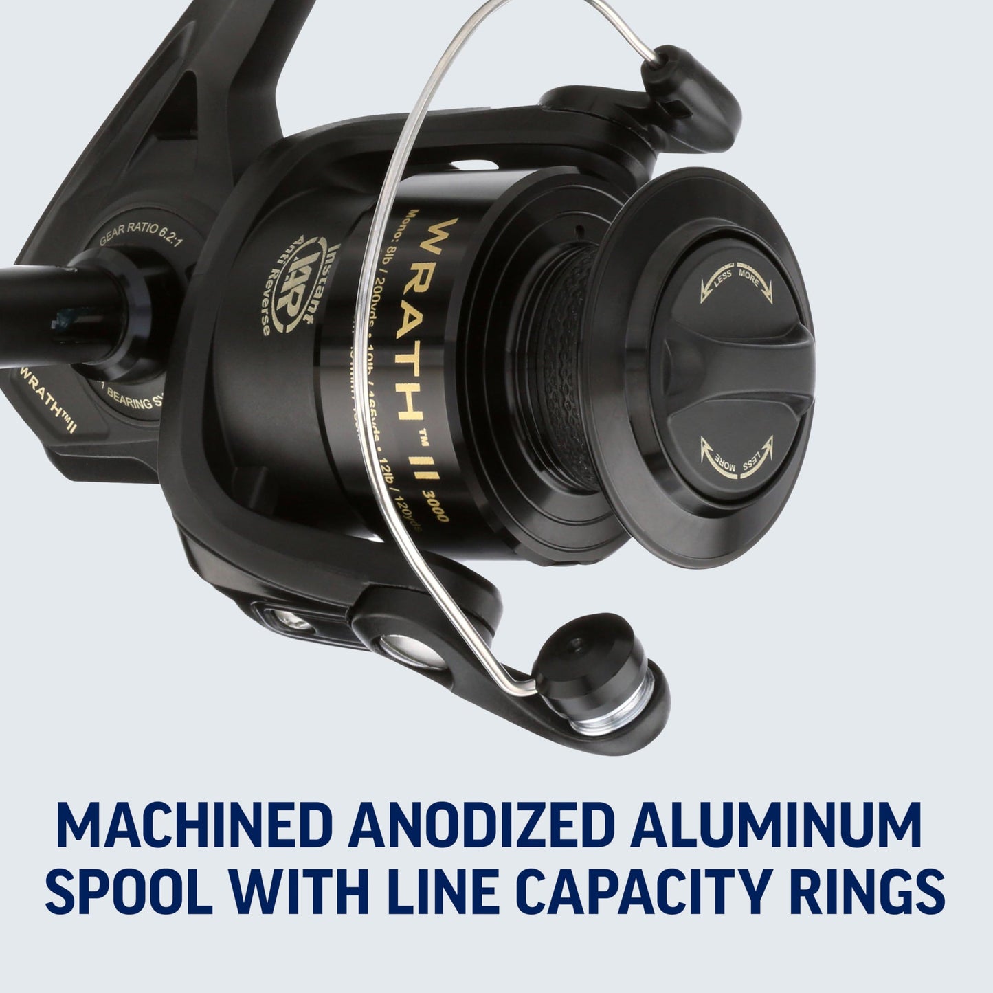 PENN Wrath II Saltwater Spinning Fishing Reel, Size 3000, Right/Left Handle Position, Corrosion-Resistant Graphite Body, Machined Anodized Aluminum Spool, Black/Gold