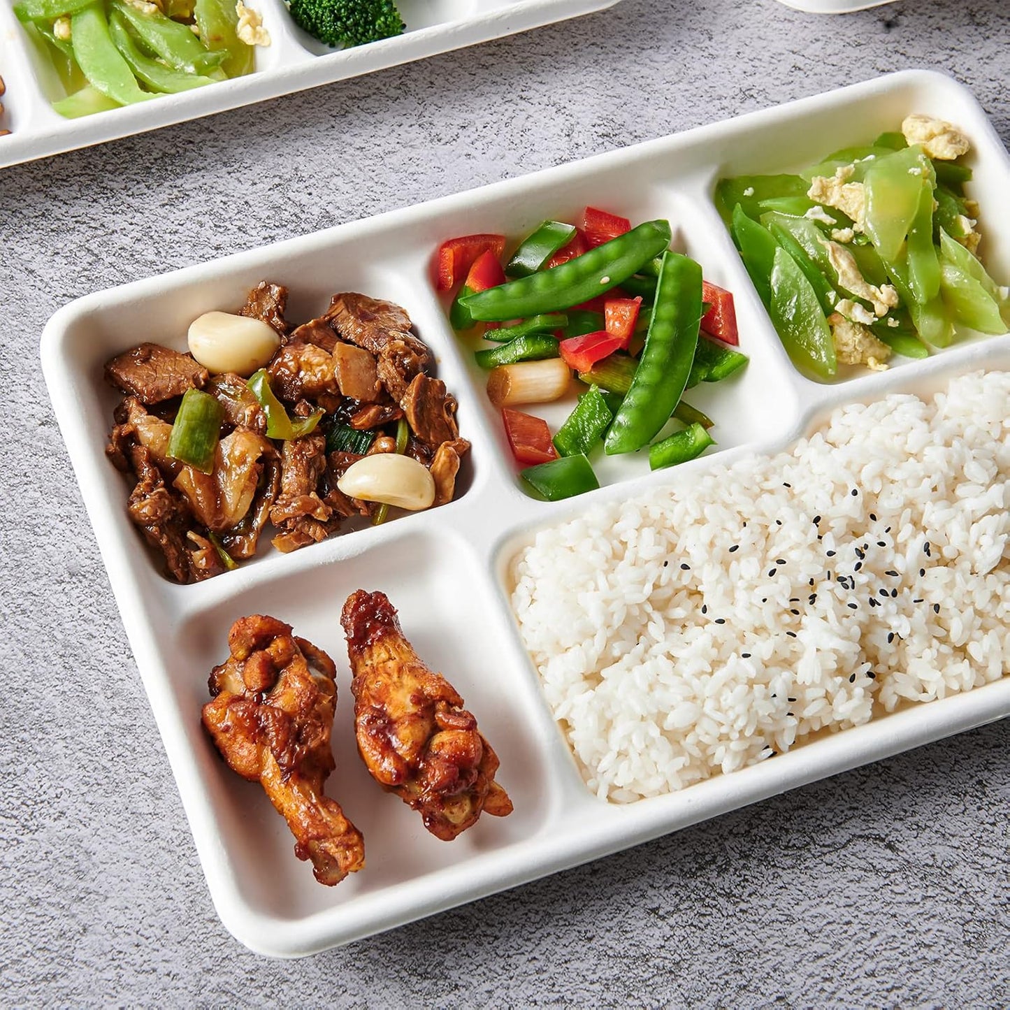 Vplus 100% Compostable 5 Compartment Paper Plates, 100 Pack, 12.5 x 8.6 inch Disposable School Lunch Trays, Eco-Friendly Bagasse Plates for Buffet, and Party
