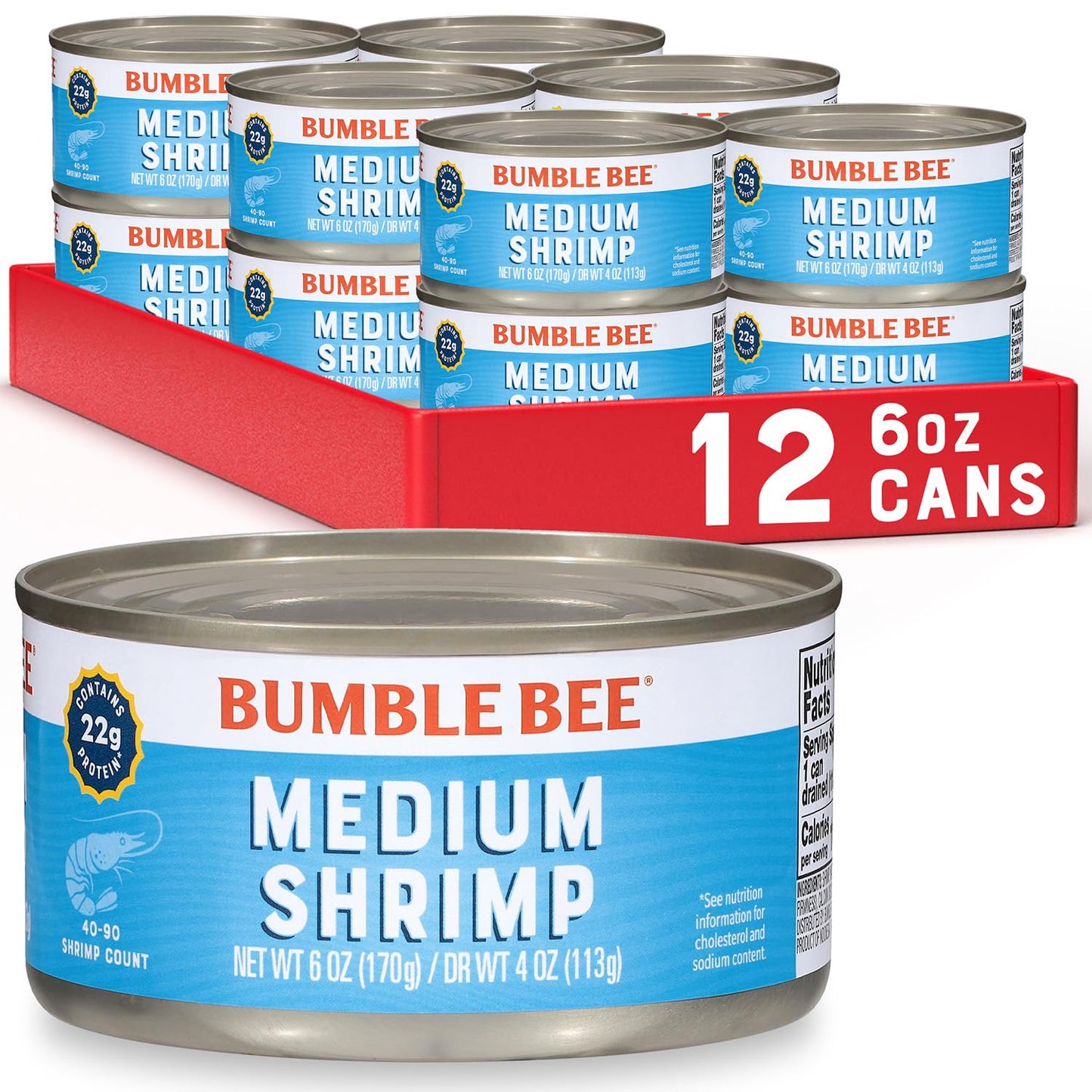Bumble Bee Tiny Canned Shrimp, 6 oz Can - Shrimp in Water, Cooked, Peeled, Deveined - 22g Protein per Serving - Gluten Free