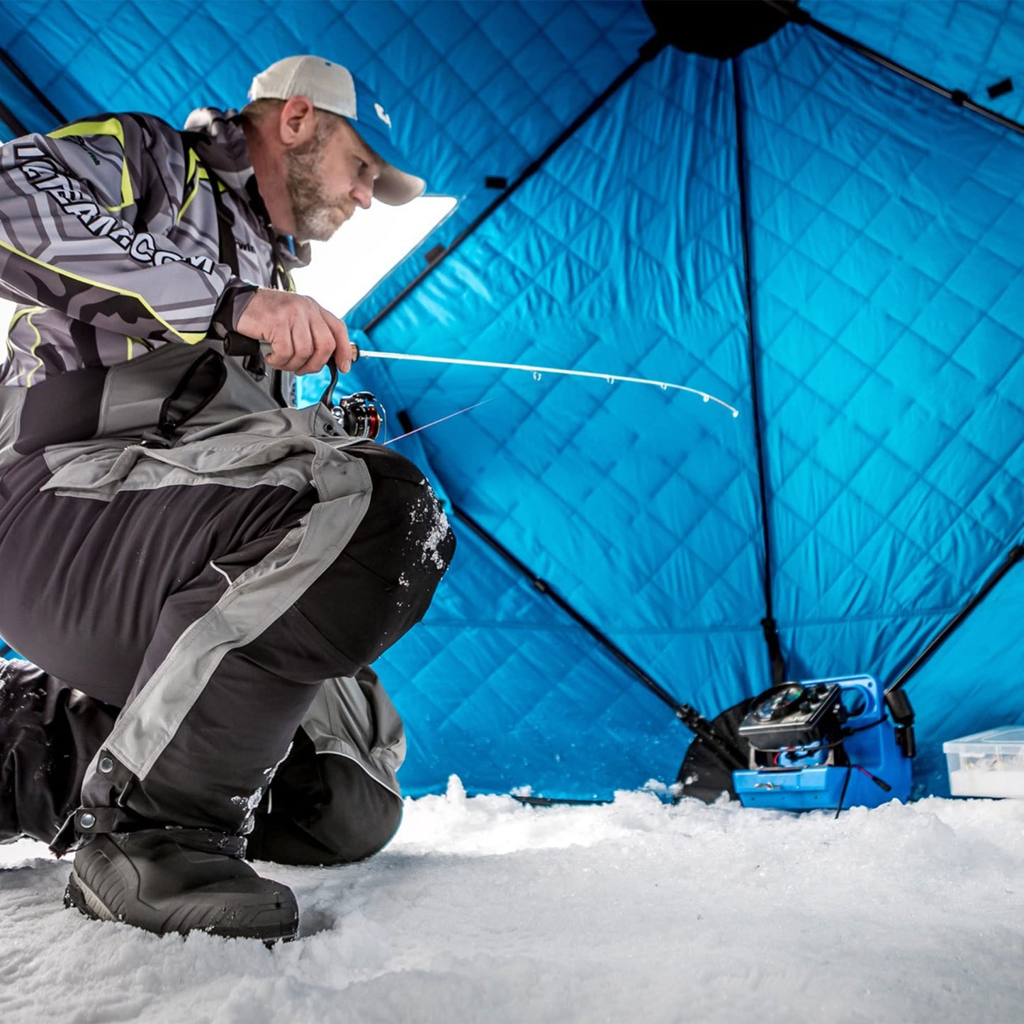 CLAM Lightweight Portable Pop Up Ice Fishing Angler Thermal Hub Shelter Tent with Anchors, Tie Ropes, and Carrying Bag