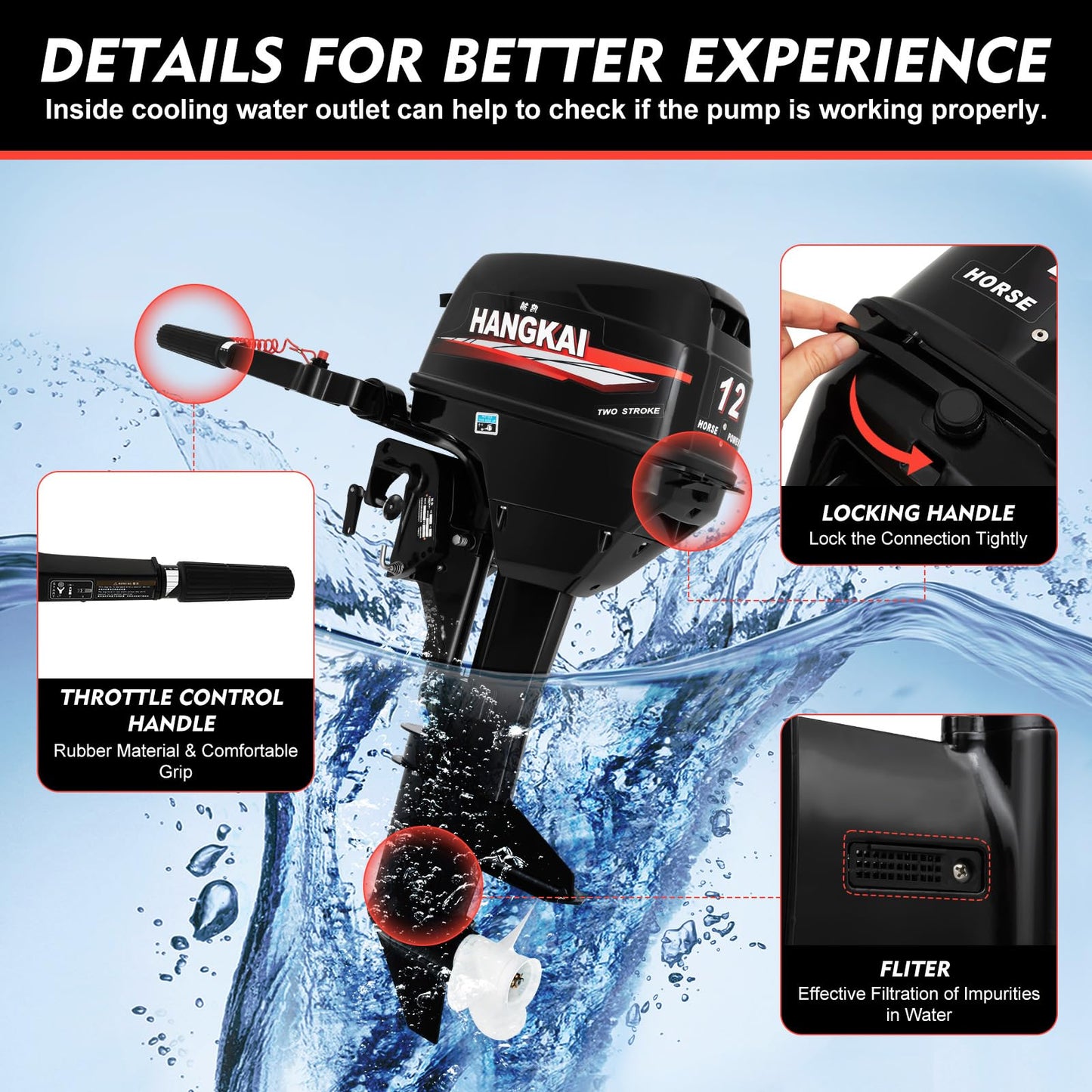 JAYGOVAN HANGKAI 12HP 2 Stroke Outboard Motor, 169CC Heavy Duty Short Shaft Fishing Boat Engine w/Water Cooling System & CDI Ignition System Gas Powered Fishing Boat Motor for Aquaculture Outdoor