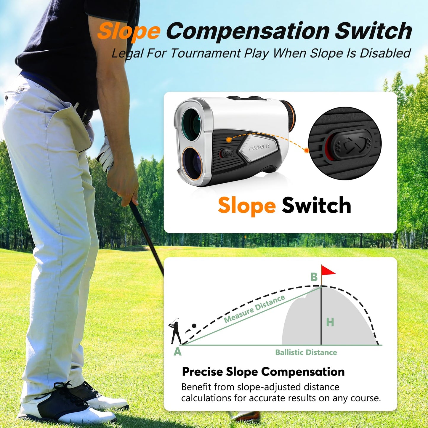 WOSPORTS Golf Rangefinder 1500-Yard with Slope,Golf Accessories Range Finder 7X Magnification,Pin Lock Vibration Range Finder(Feet/Meters/Yards),Rechargeable