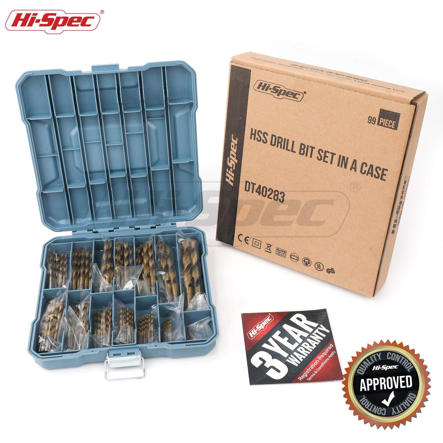 Hi-Spec Drill Bit Set 130pc Multi SAE – 11 Sizes 1/16in to 3/8in – HSS Titanium, Masonry & Brad Point Steel Bits – Drill Bits for Metal, Wood, Plastic, Drywall, Brick & Concrete – with Tray Case
