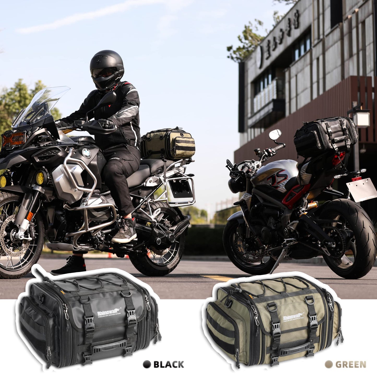 Rhinowalk Motorcycle Tail Bag, Expandable Motorcycle Travel Luggage Bags 60L, Waterproof All-Weather Trunk Rack Bag with Sissy Bar Straps & Helmet Rain Cover – Black