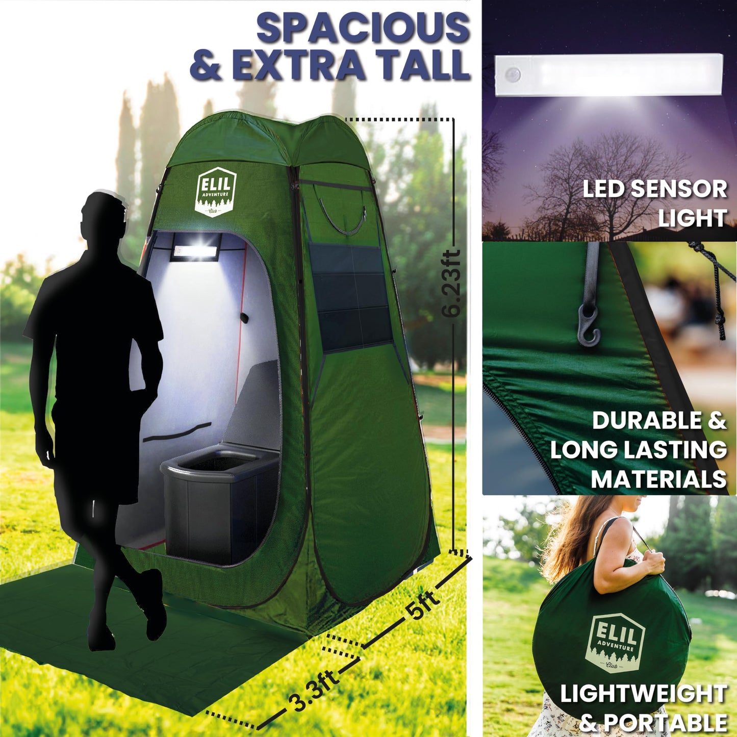 Camping Shower Tent With LED Sensor Light 6.23 ft - Large Easy Pop Up Privacy Tent for Beach Changing - Outdoor Portable Enclosure for Camping