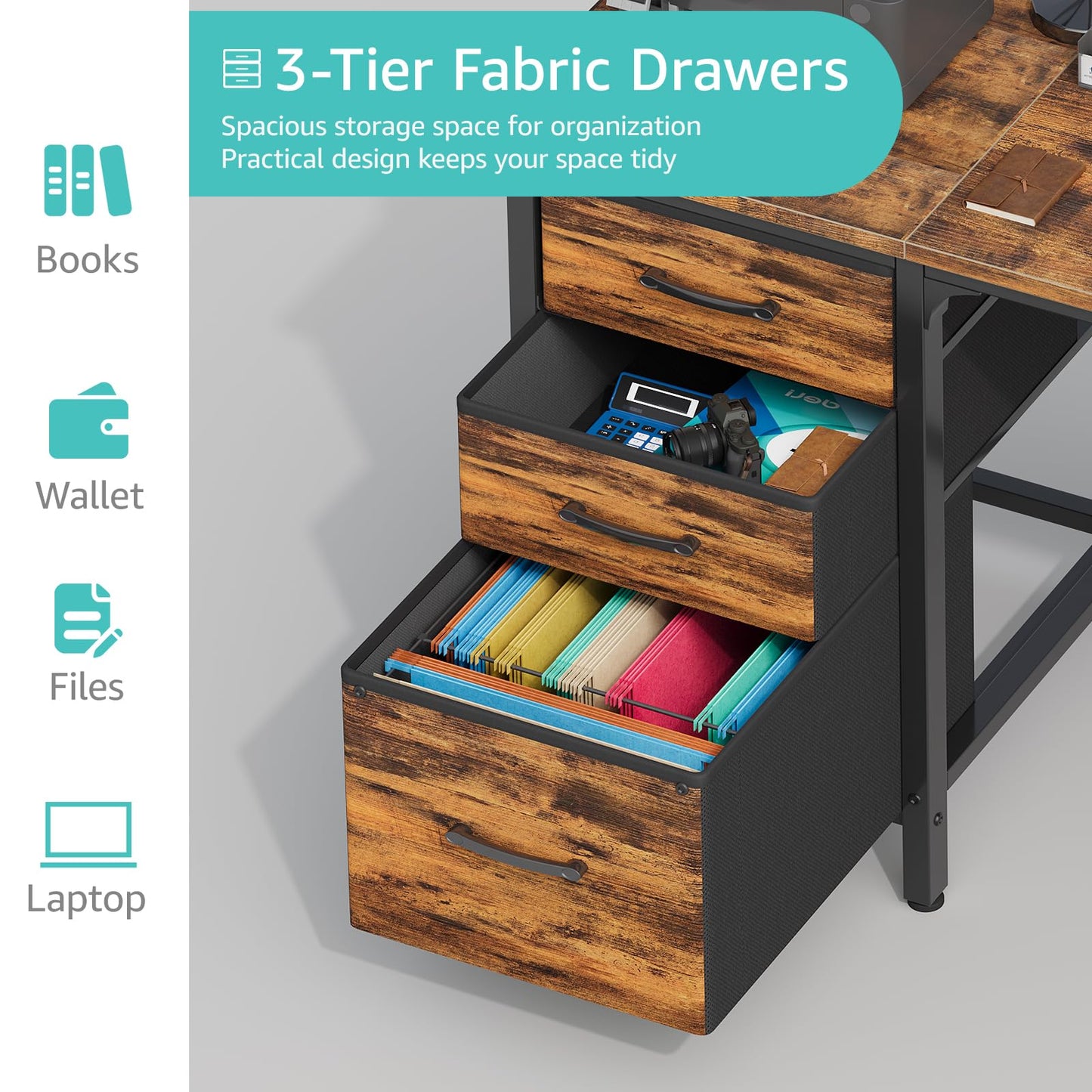 Lufeiya Computer Desk with Fabric File Drawers Cabinet, 47 Inch Reversible Home Office Desks with Filing Cabinet for Small Space, Study Writing Table PC Desks, Rustic Brown