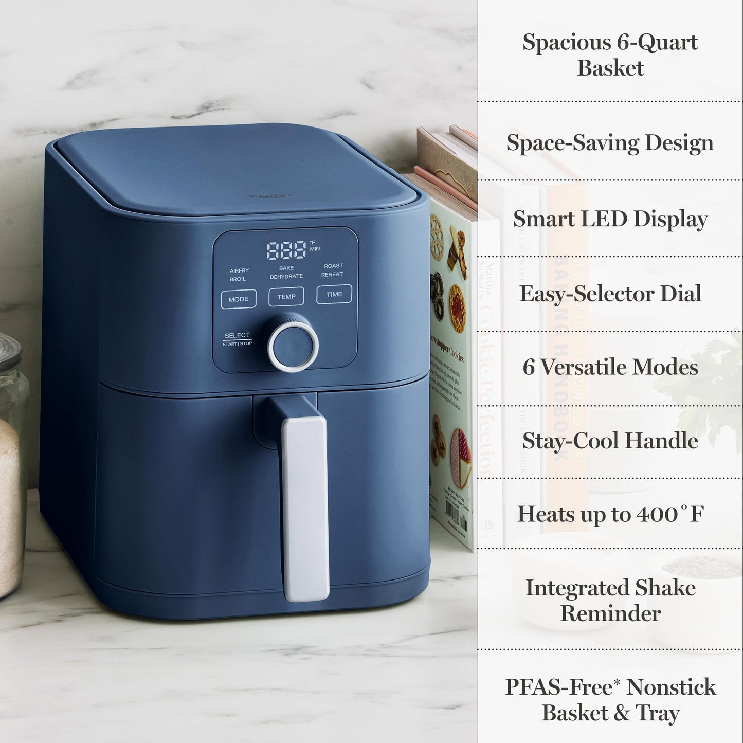 Martha Stewart 6QT Air Fryer, 6-in-1, Bake, Broil, Roast, Air Fry, Dehydrate, Reheat, Ceramic Non-Stick Basket, Crispy Results Fast, 400°F Max Temp, Shake Reminder, Auto Shut-Off, Honeydew Green