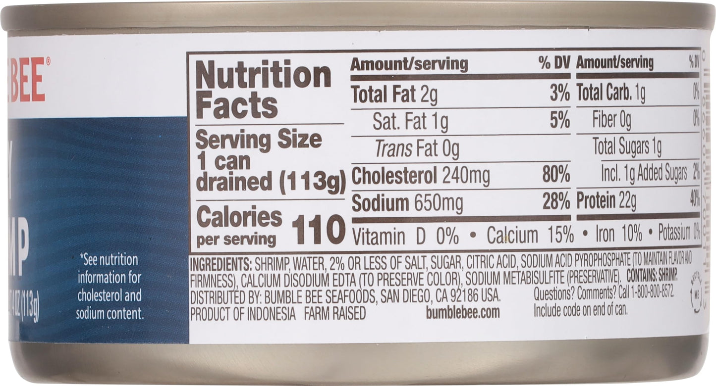Bumble Bee Tiny Canned Shrimp, 6 oz Can - Shrimp in Water, Cooked, Peeled, Deveined - 22g Protein per Serving - Gluten Free