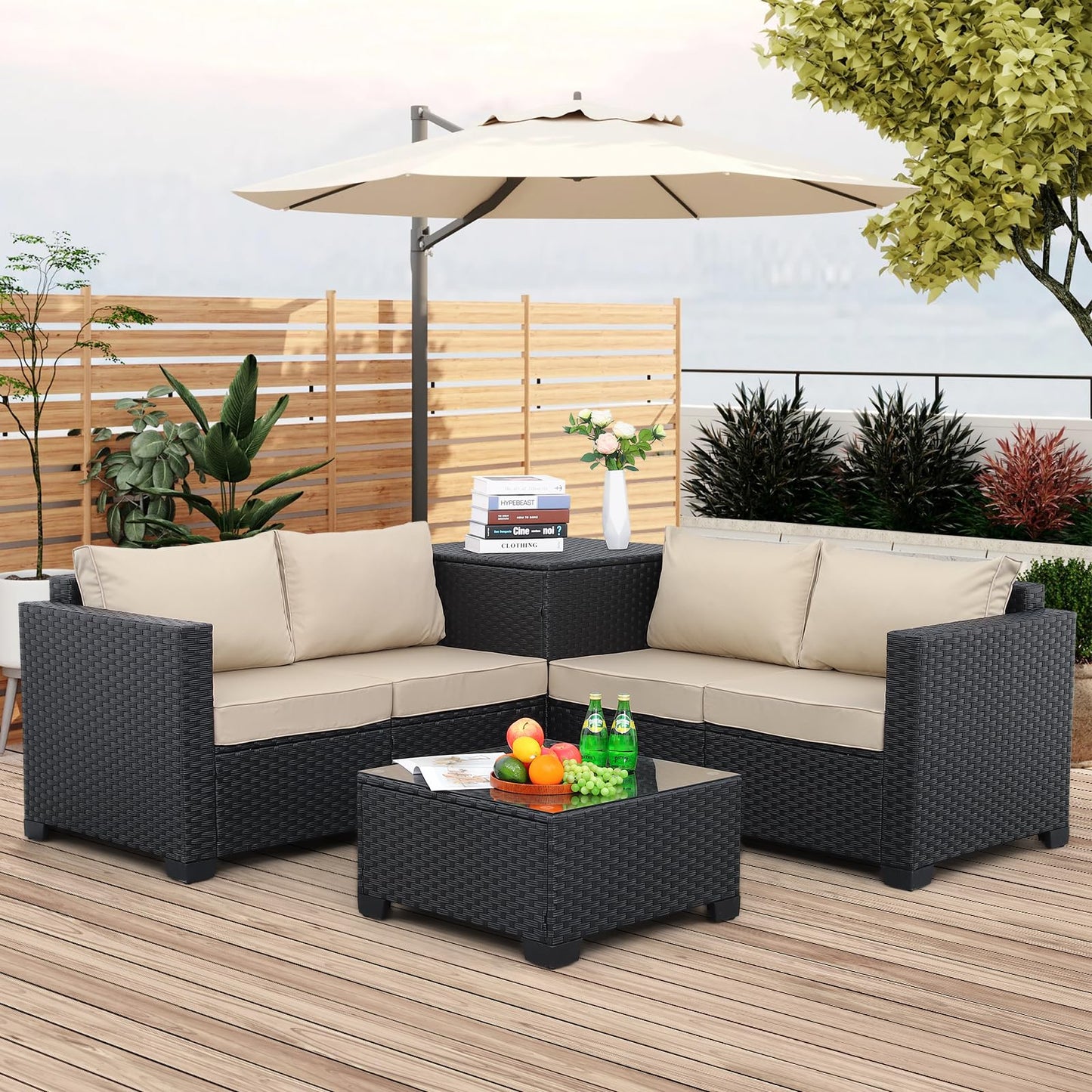 Outdoor PE Wicker Patio Furniture Set 4 Piece Black Rattan Sectional Loveseat Couch Set Conversation Sofa with Storage Box Glass Top Table and Non-Slip Grey Cushion