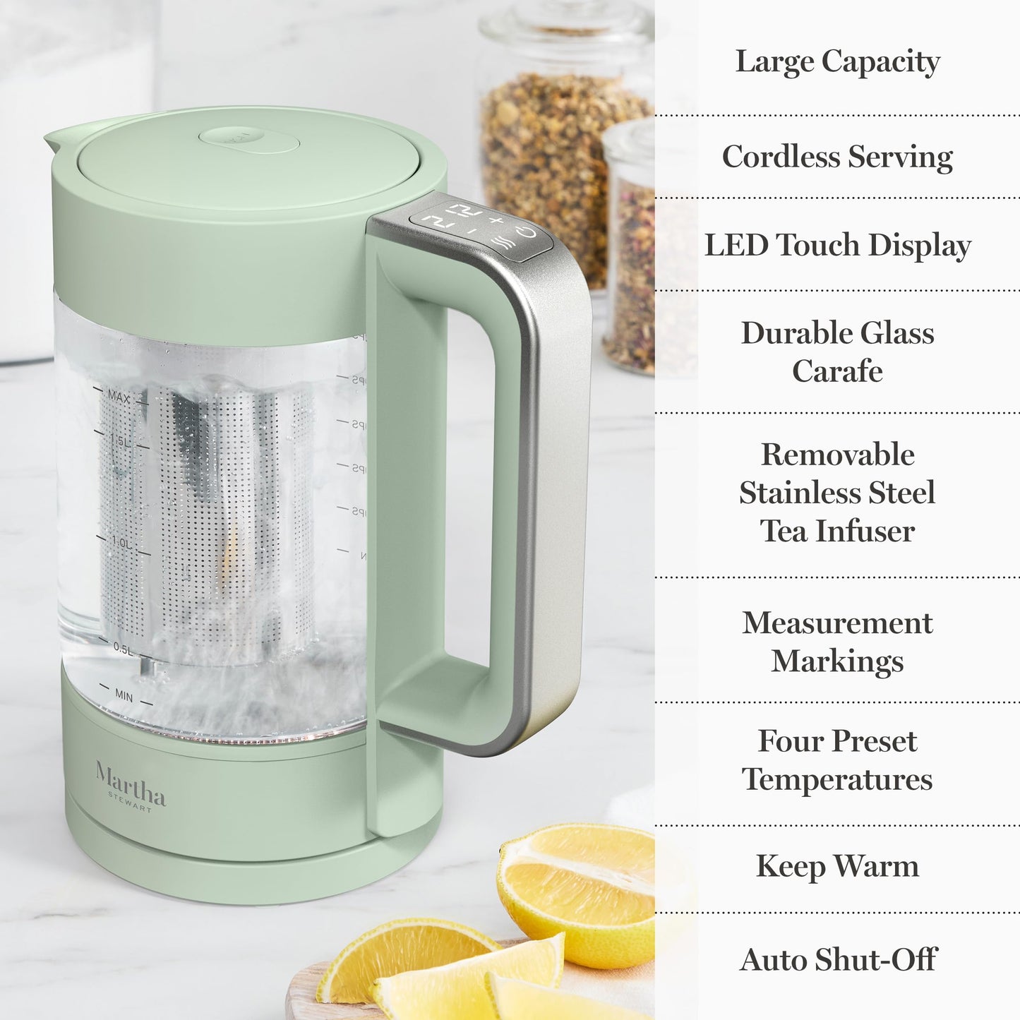 Martha Stewart Electric Kettle with Removable Stainless Steel Tea Infuser,  Glass Carafe 1.7L (7 Cups), Hot Water Boiler, 4 Presets, Keep Warm & Auto Shut-Off, Cordless 360° Swivel Base, Sky Blue