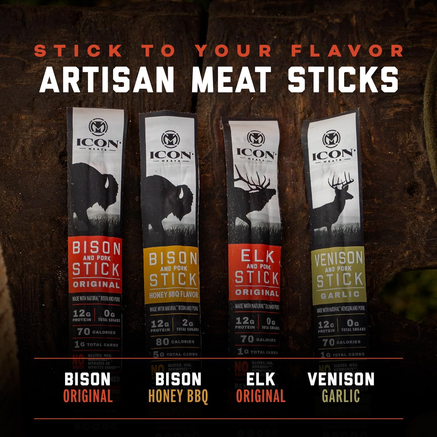ICON Meats Snack Sticks Sampler - Assorted Flavors of Bison, Elk, Venison and Pork Jerky Sticks - 24 Pack of Individually Wrapped Meat Sticks, 6 Per Flavor – USDA Approved, All Natural Artisan Meats