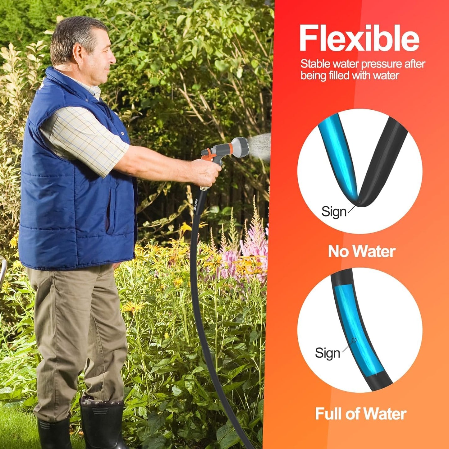 Garden Hose 50 ft x 5/8 in Heavy Duty, Flexible and Lightweight Water Hose, Burst 600 psi, Kink-less Hybrid Rubber Hose for Backyard, 3/4'' Brass Fittings