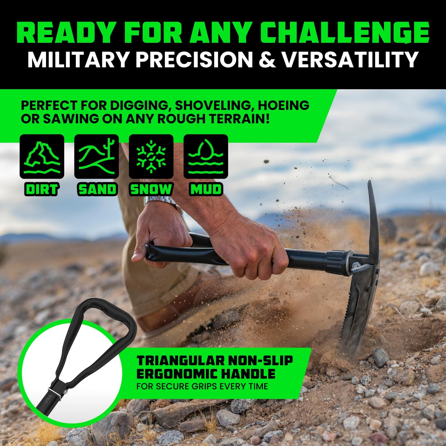 RHINO USA Folding Survival Shovel w/Pick - Heavy Duty Carbon Steel Military Style Entrenching Tool for Off Road, Camping, Gardening, Beach, Digging Dirt, Sand, Mud & Snow.