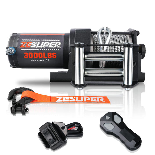 ZESUPER 3000 lb Electric Winch for ATV UTV Trailer Boat Synthetic Rope Winch 12V DC Off Road Towing Winches with Wireless Remote Mounting Bracket