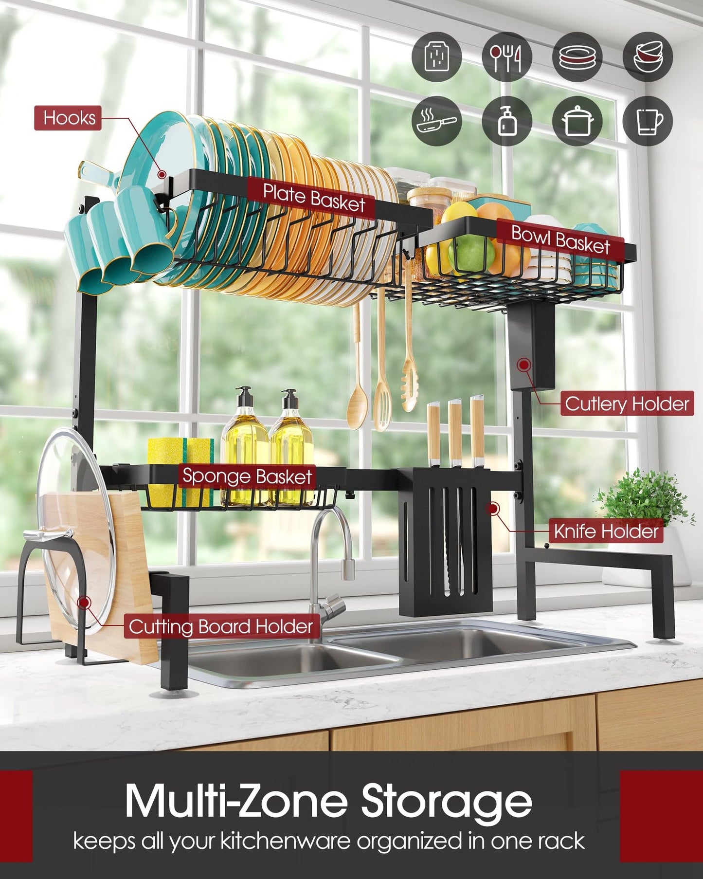 Sakugi Over The Sink Dish Drying Rack - Adjustable 2 Tier Large Capacity Stainless Steel Drainer with Cutlery & Utensil Holders, Kitchen Storage & Organization, 30"-33.9" L x 11" W x 21.5" H, Black